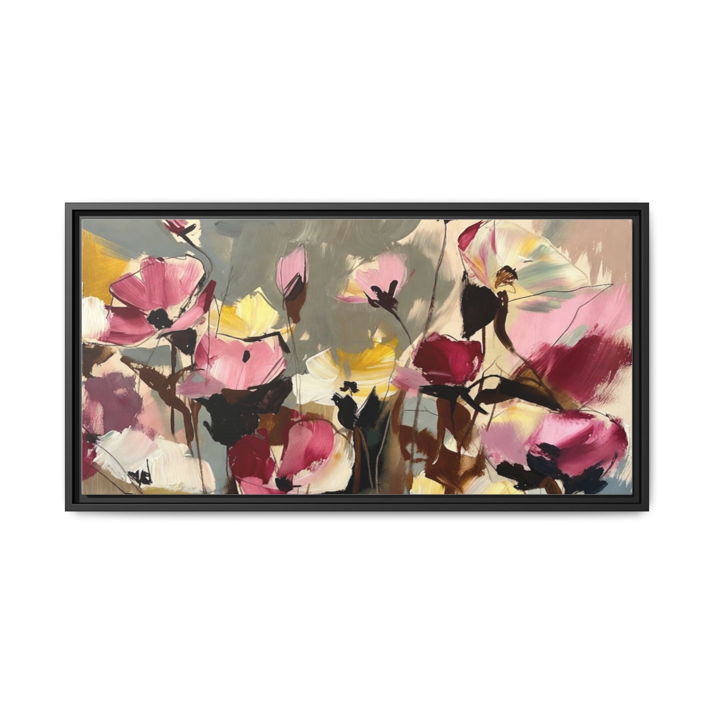 Framed Floral Canvas Wall Art — Abstract Pink & Yellow Flowers