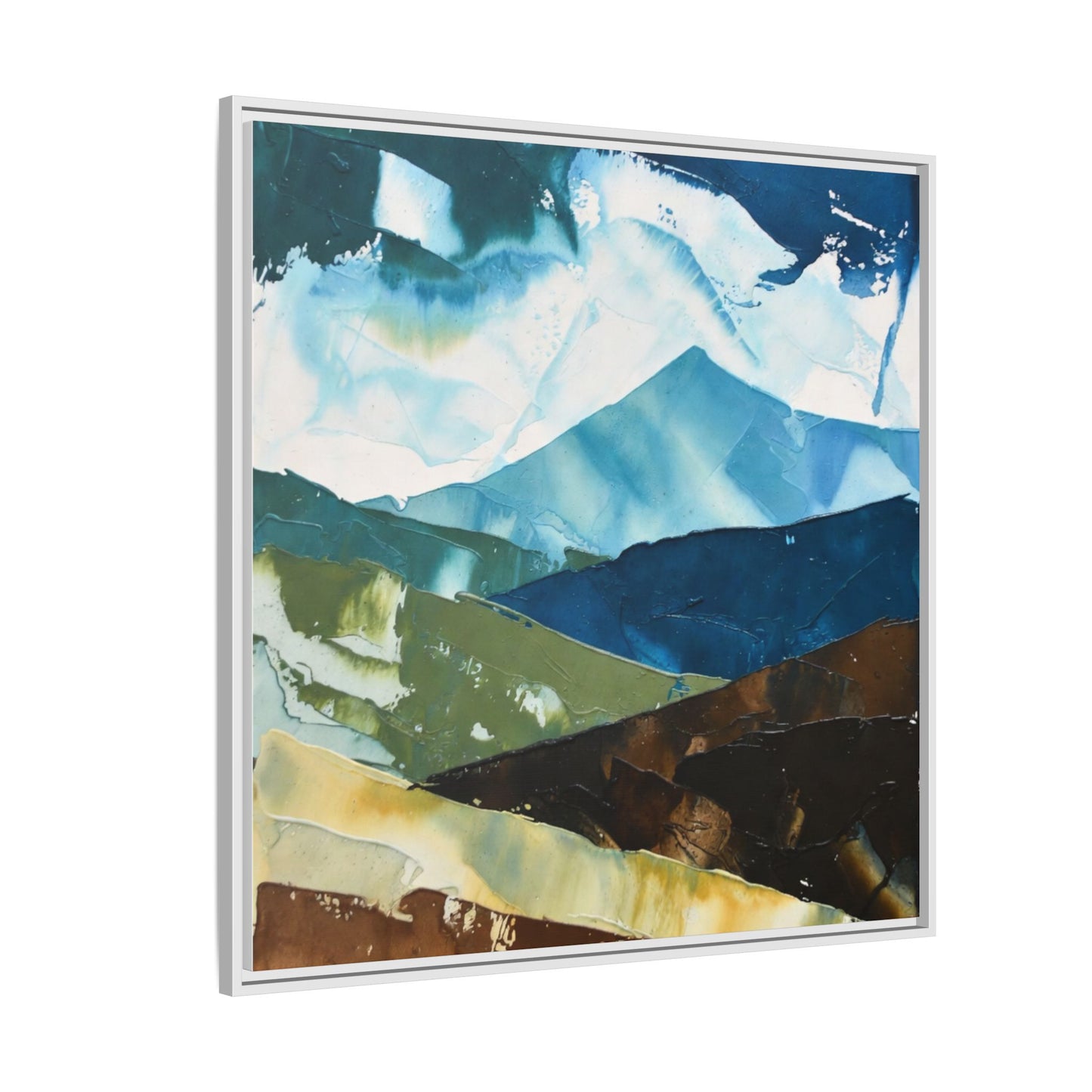 Framed Abstract Mountain Canvas Art — Blue & Earthtone Landscape Print