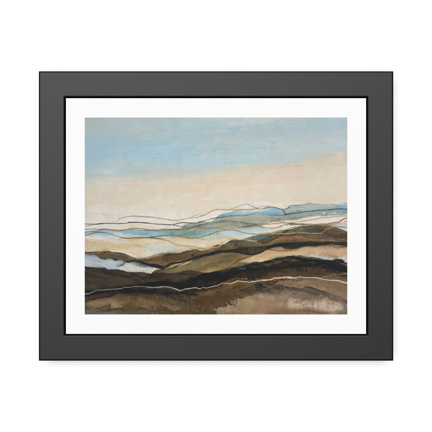 Coastal Abstract Landscape Framed Poster — Serene Blue & Earthtone Wall Art