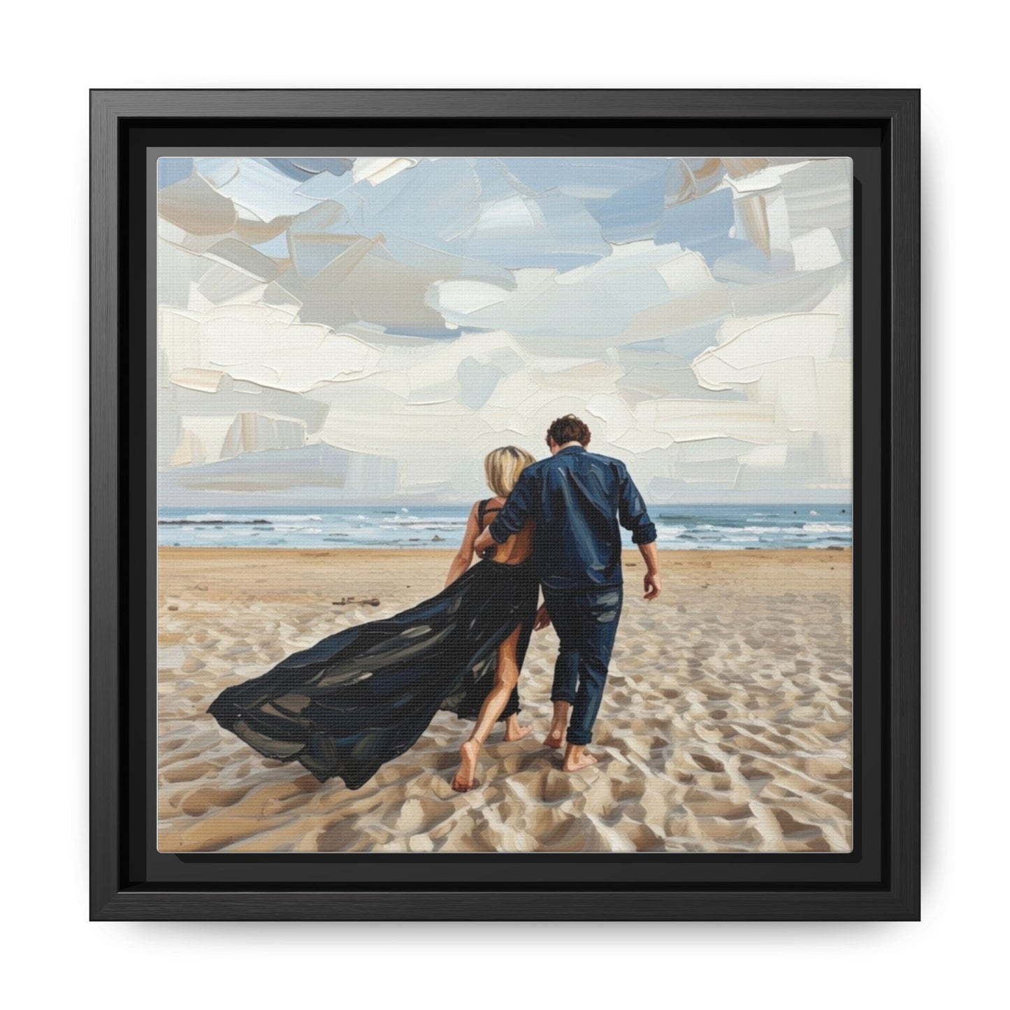 Framed Canvas Wall Art — Romantic Couple Walking on Beach Print
