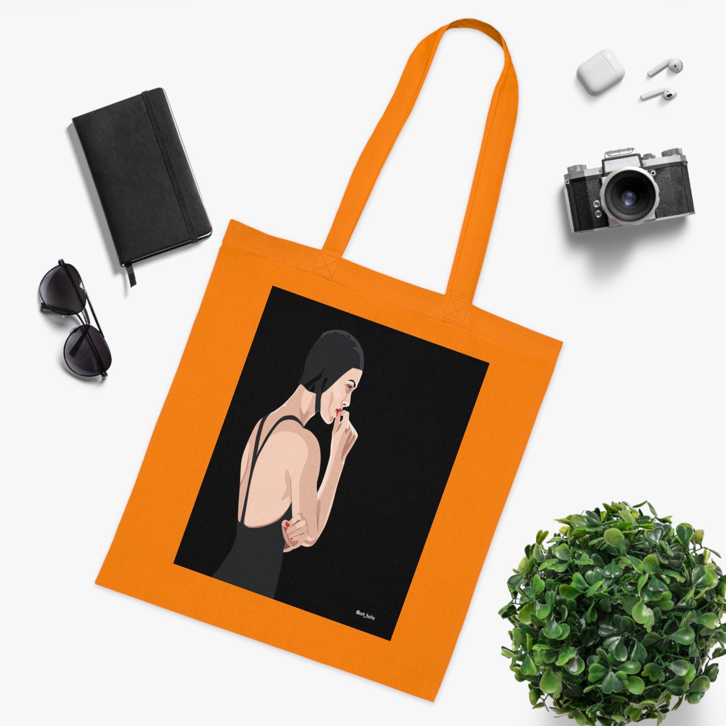 Minimalist Femme Portrait Cotton Tote — Chic Black-Back Illustration Tote Bag