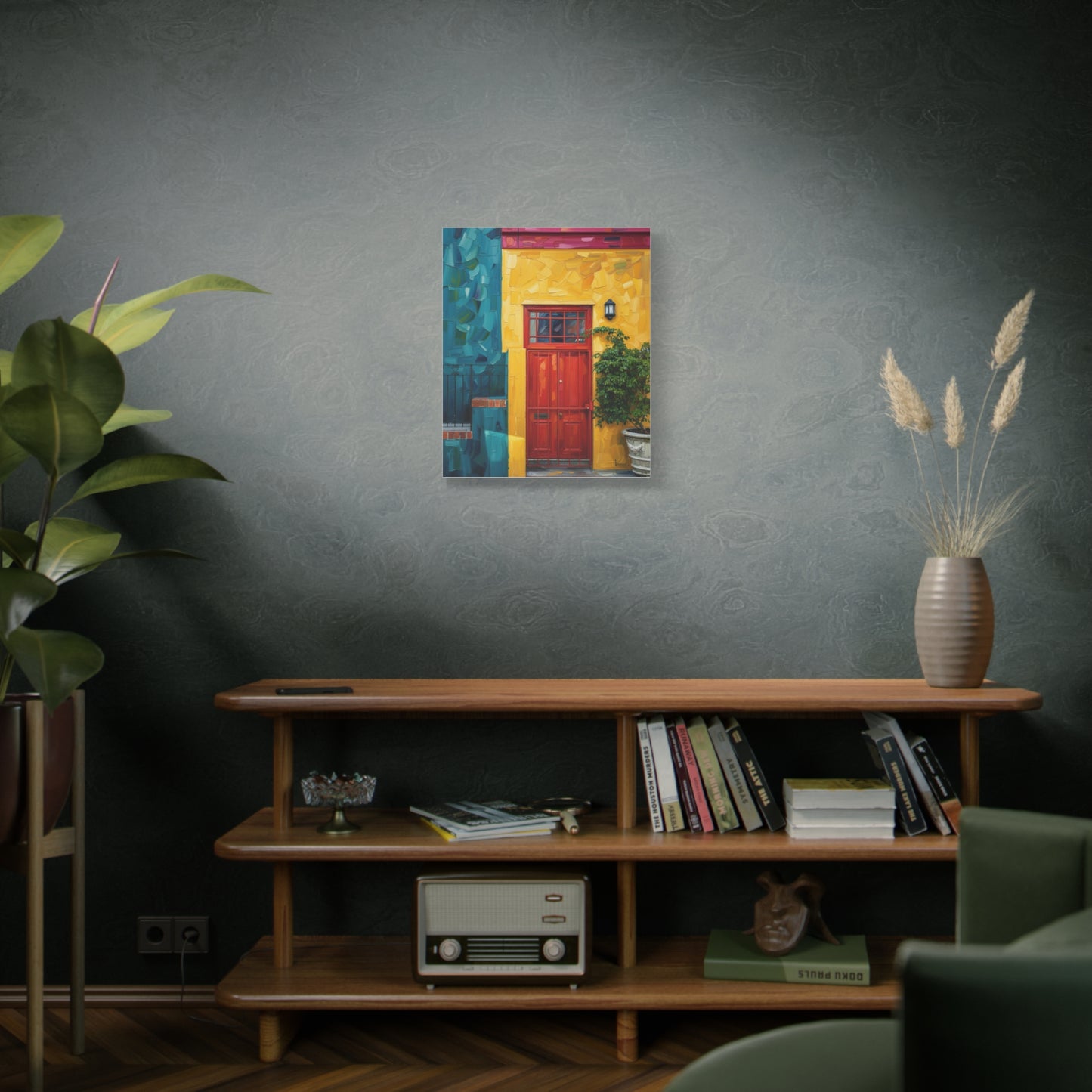 Colorful Doorway Canvas Wall Art — Vibrant Yellow & Teal Street Scene, Matte Stretched Print