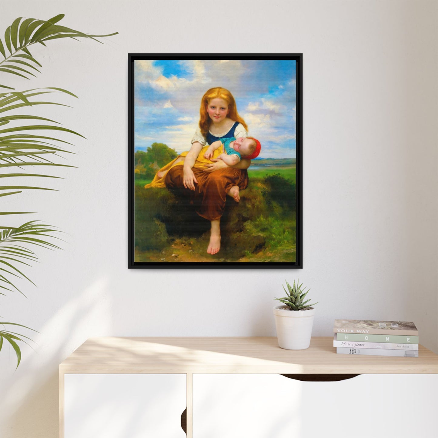 Young Girl Holding Sleeping Baby Canvas Print, Framed Wall Art