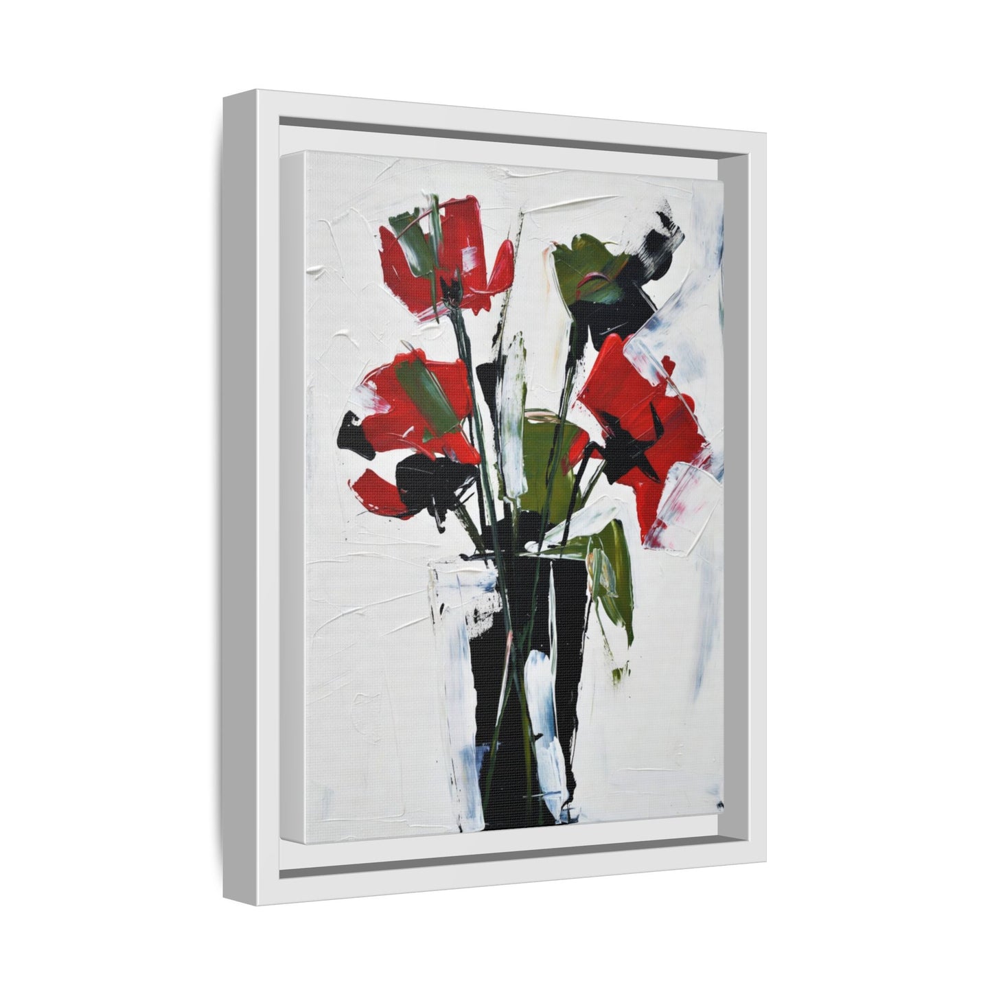 Framed Abstract Floral Canvas Print — Red Poppies in Black Vase