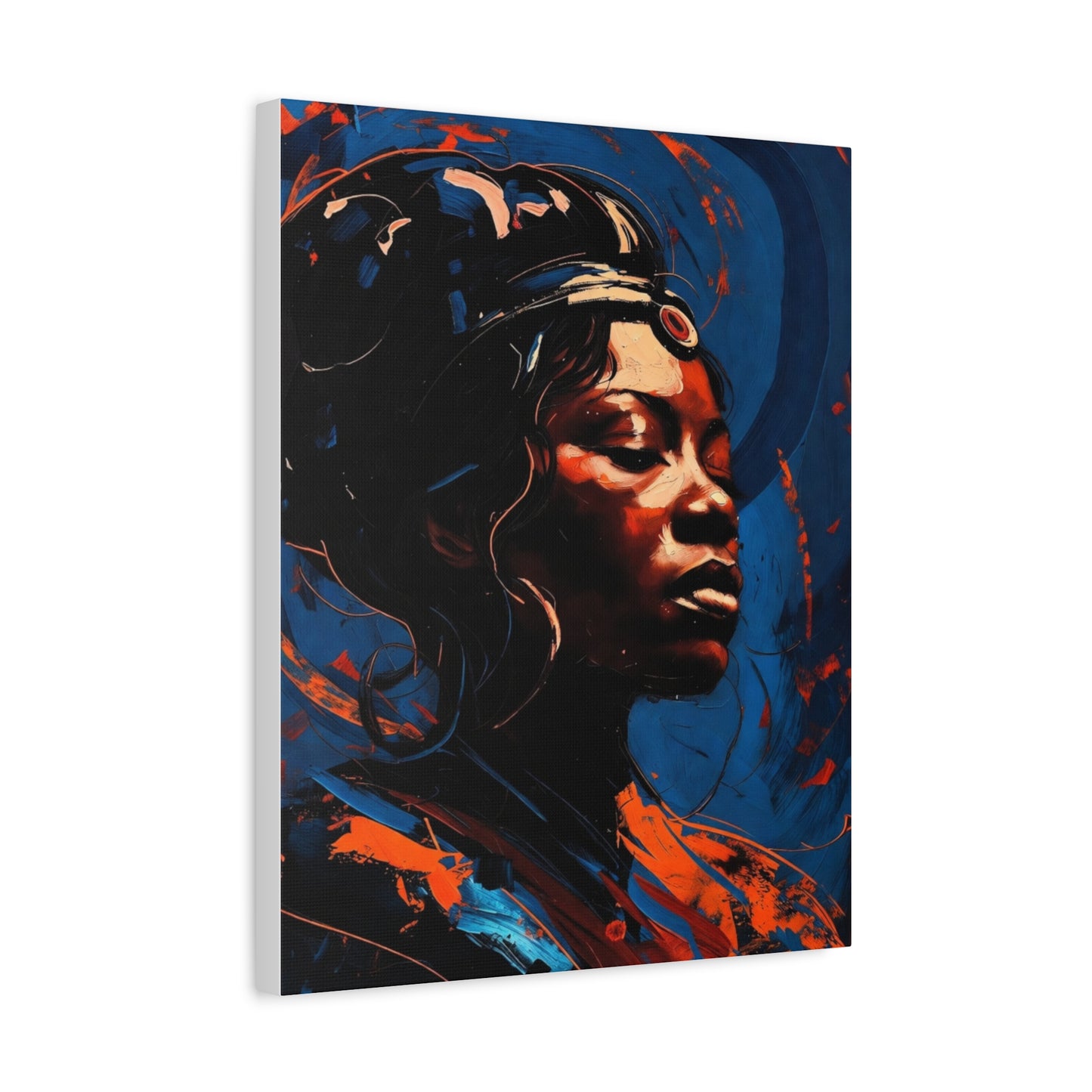 Regal Afrocentric Portrait Matte Canvas Art – Vibrant Blue & Orange Stretched Wall Decor