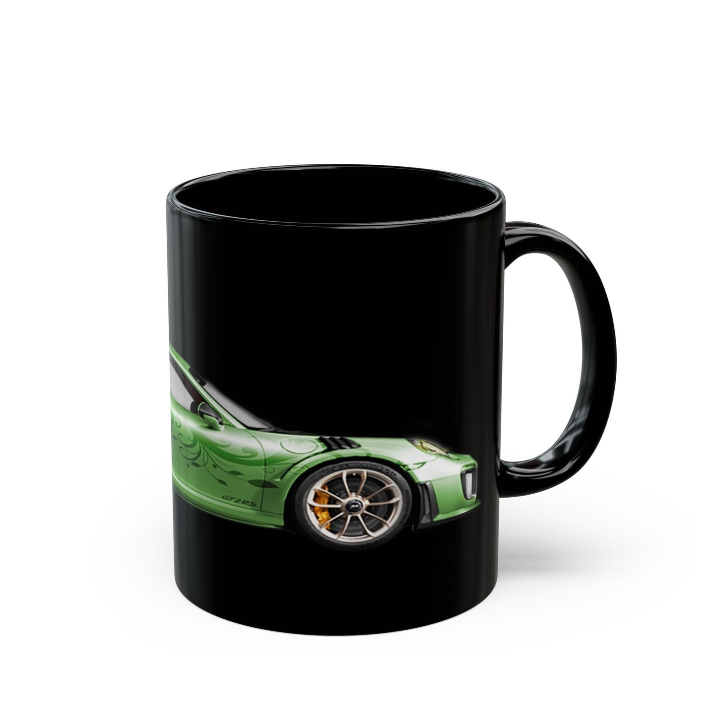 Green Sports Car Mug — Black Ceramic Coffee Cup for Car Enthusiasts (11oz/15oz)