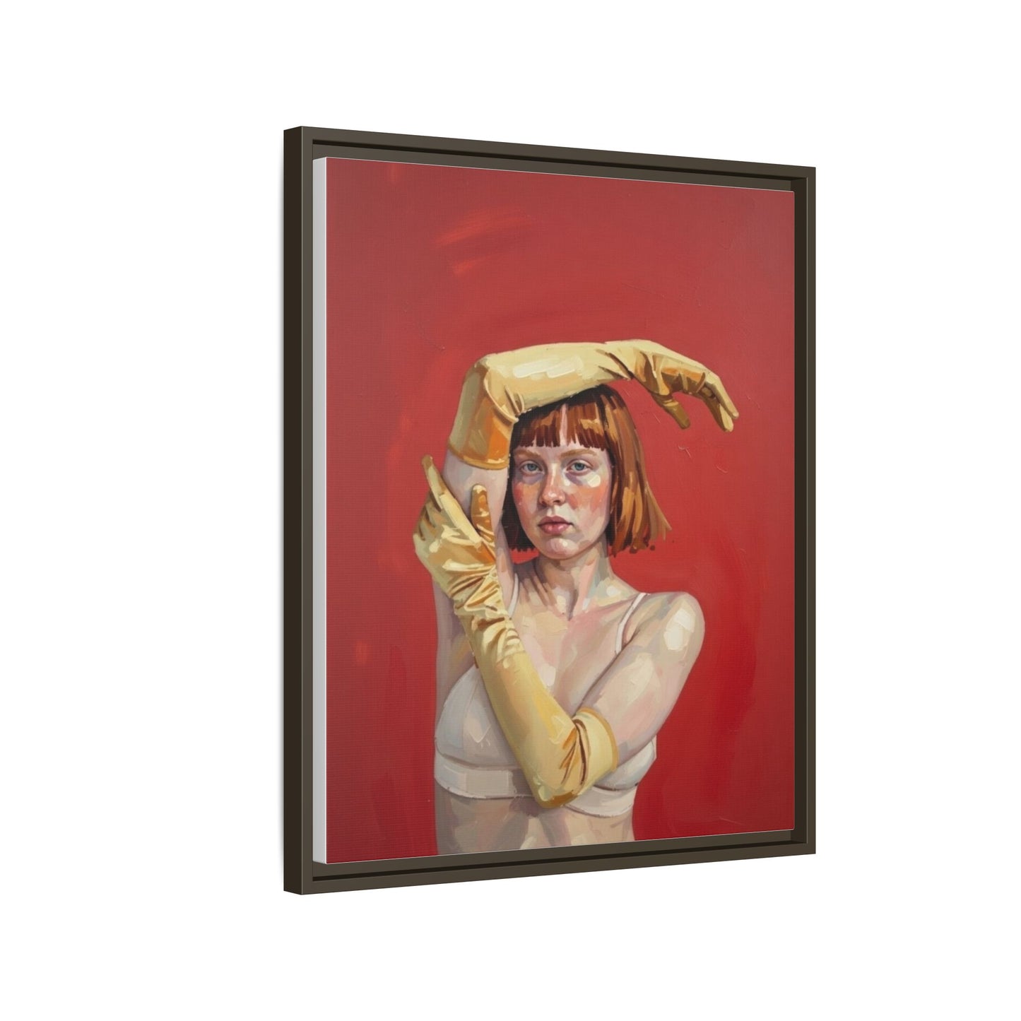Framed Matte Canvas Art - Portrait of Woman in Yellow Gloves (Red Background)