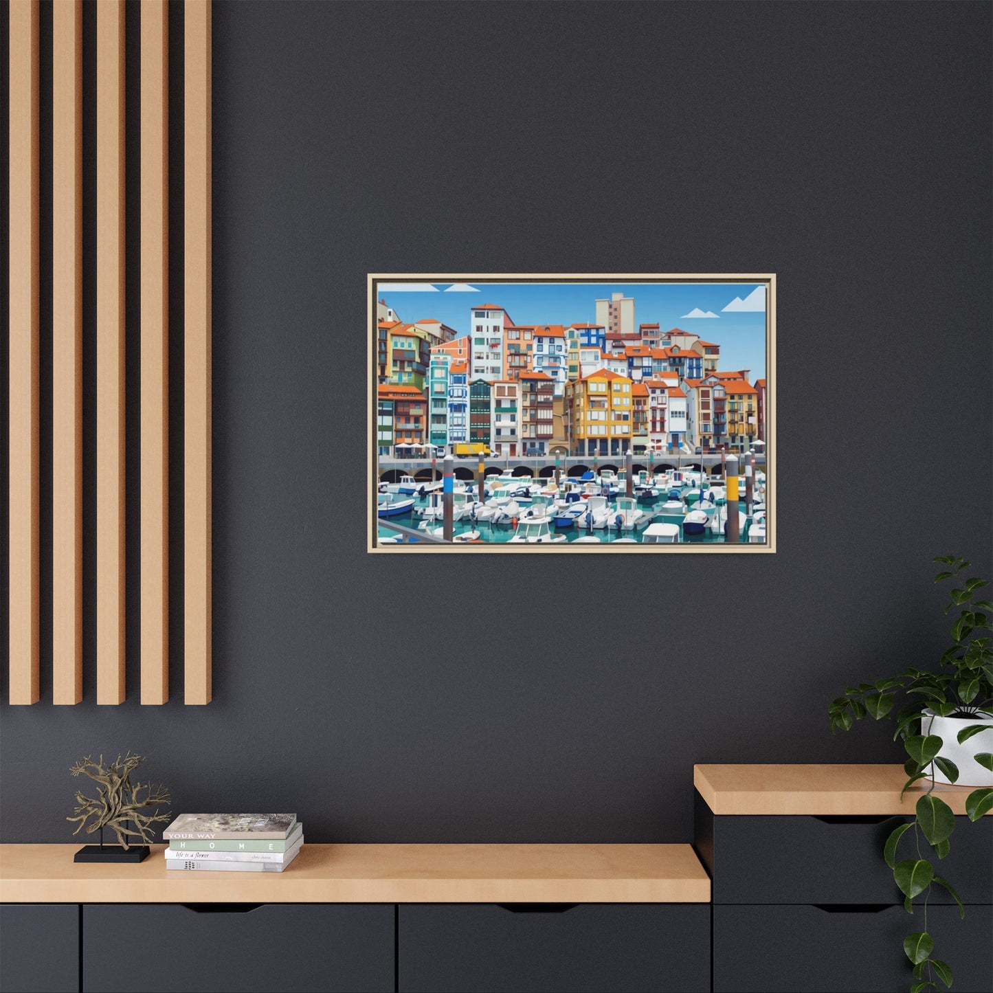 Framed Matte Canvas Print — Colorful Mediterranean Harbor Illustration