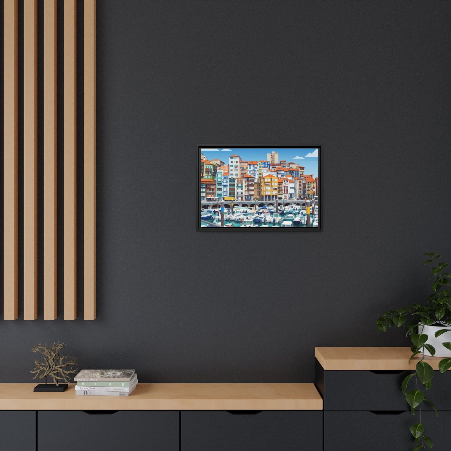 Framed Matte Canvas Print — Colorful Mediterranean Harbor Illustration