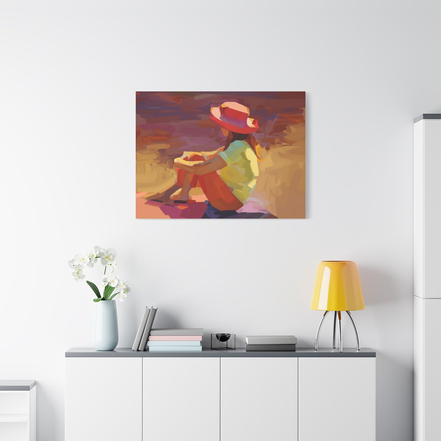 Sunset Daydream Canvas Art — Girl in Hat Matte Stretched Wall Art