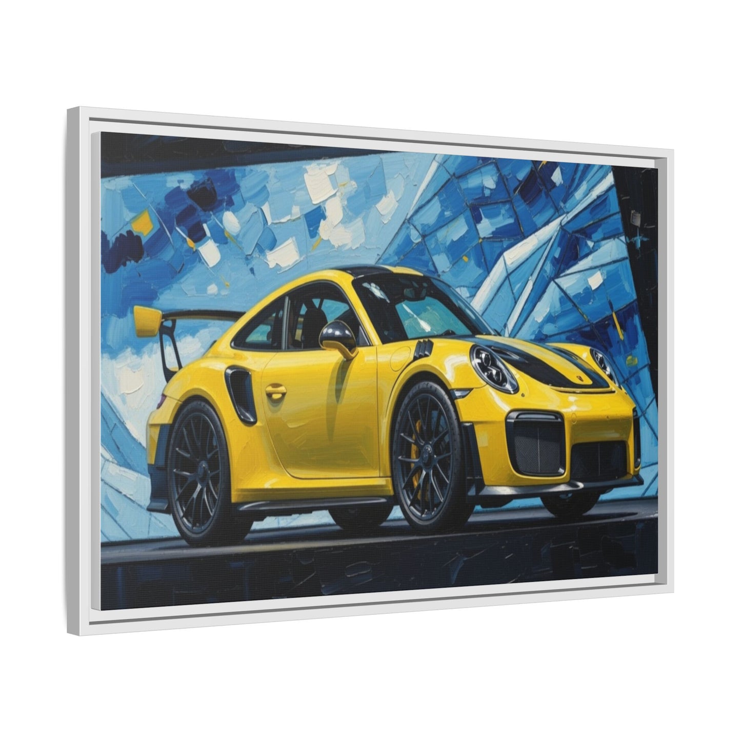 Yellow Porsche Sports Car Matte Framed Canvas – Modern Automotive Wall Art