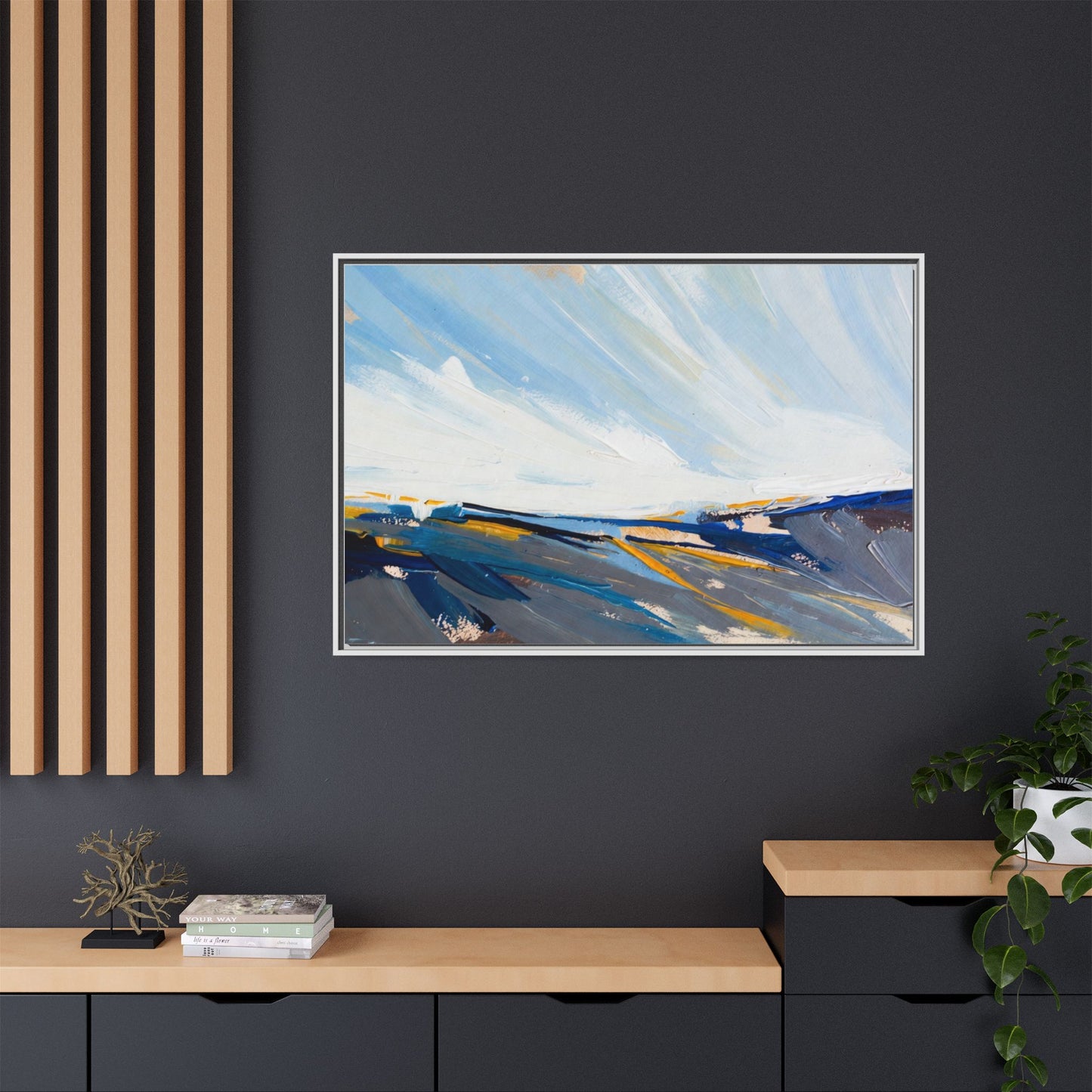 Framed Abstract Seascape Canvas Print — Matte Multi‑Color Wall Art