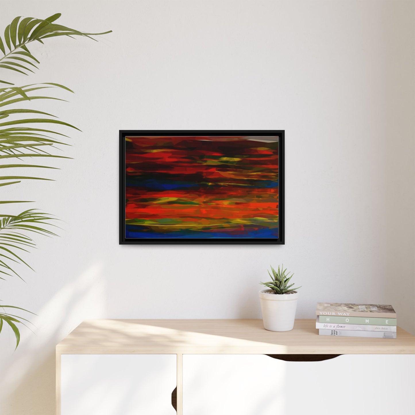 Abstract Multi-Color Matte Canvas Framed Wall Art — Bold Red & Blue Modern Painting