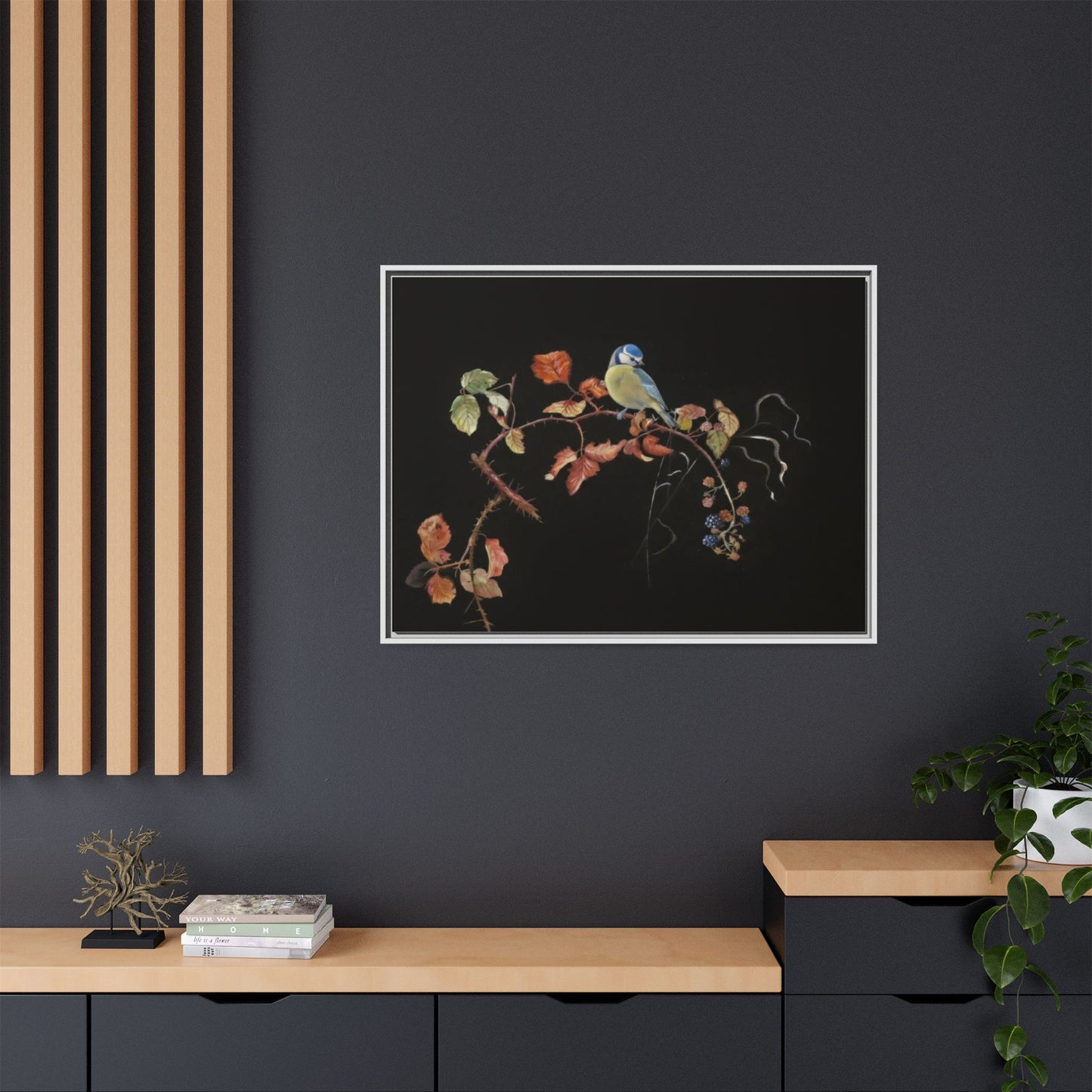 Framed Matte Canvas - Blue Tit on Autumn Branch Wall Art