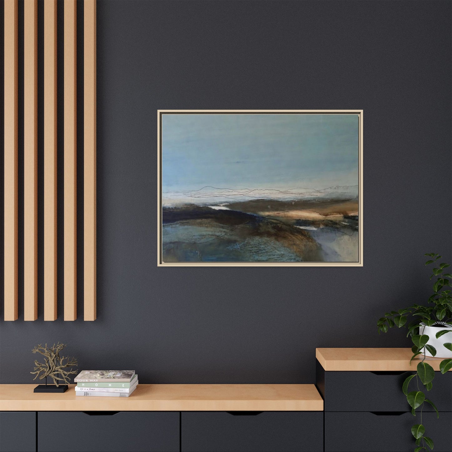 Framed Matte Canvas Wall Art — Serene Abstract Blue Landscape