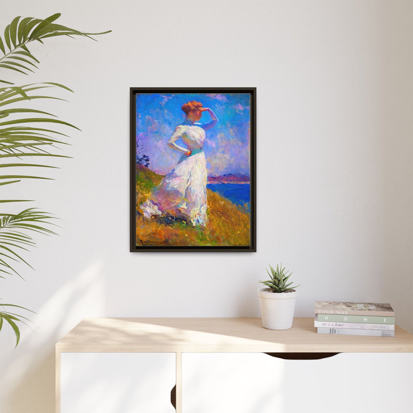 Framed Matte Canvas Art - Woman in White Seaside Impressionist Print
