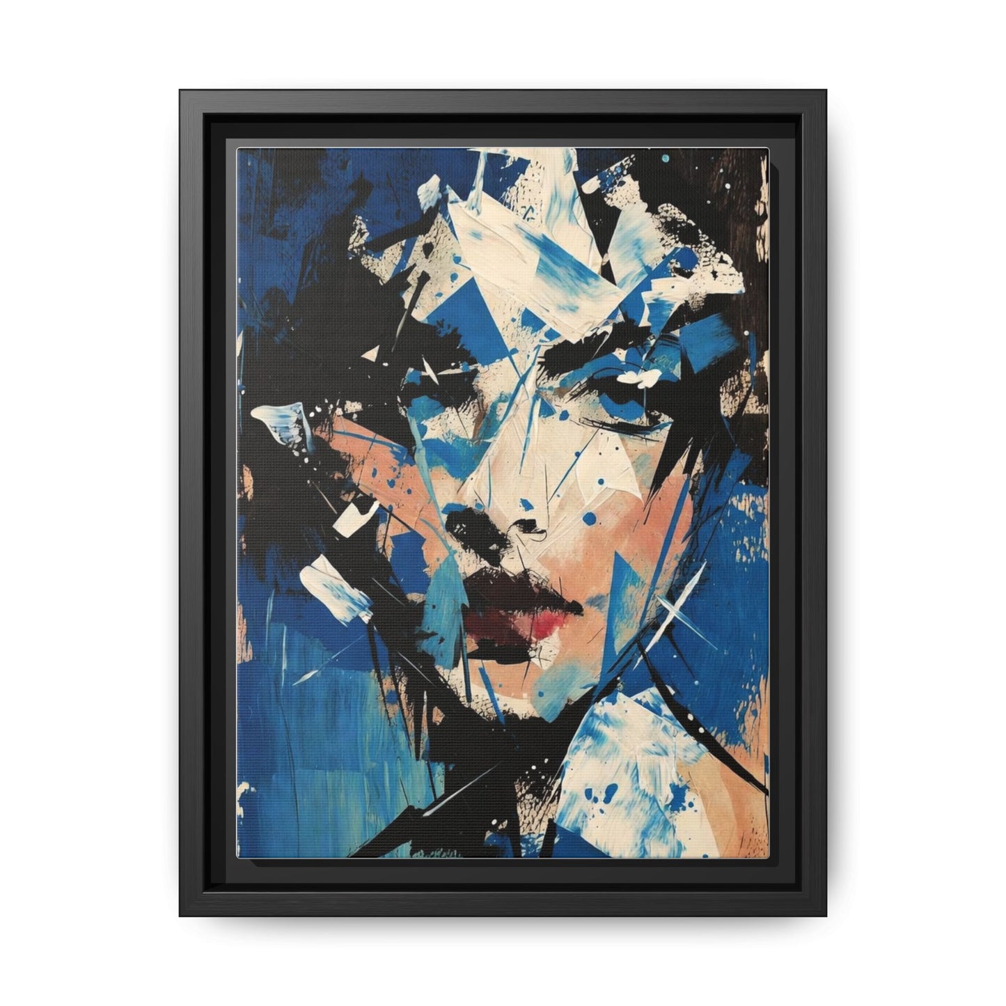 Abstract Portrait Matte Canvas Framed Wall Art — Blue Mixed-Media Face Print