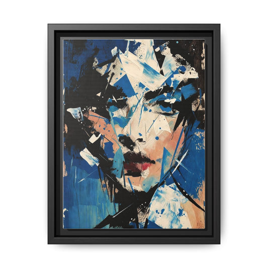 Abstract Portrait Matte Canvas Framed Wall Art — Blue Mixed-Media Face Print