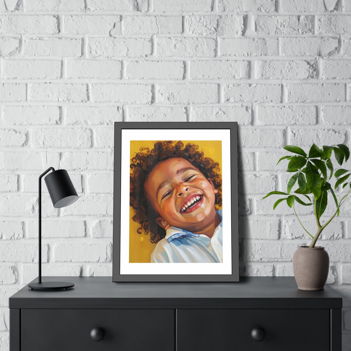 Framed Poster — Joyful Laughing Child Portrait, Colorful Nursery Wall Art