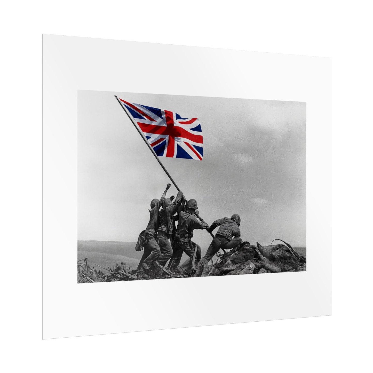 Raising the Union Jack by Unknown attributed to Joe Rosenthal Wall Art Print