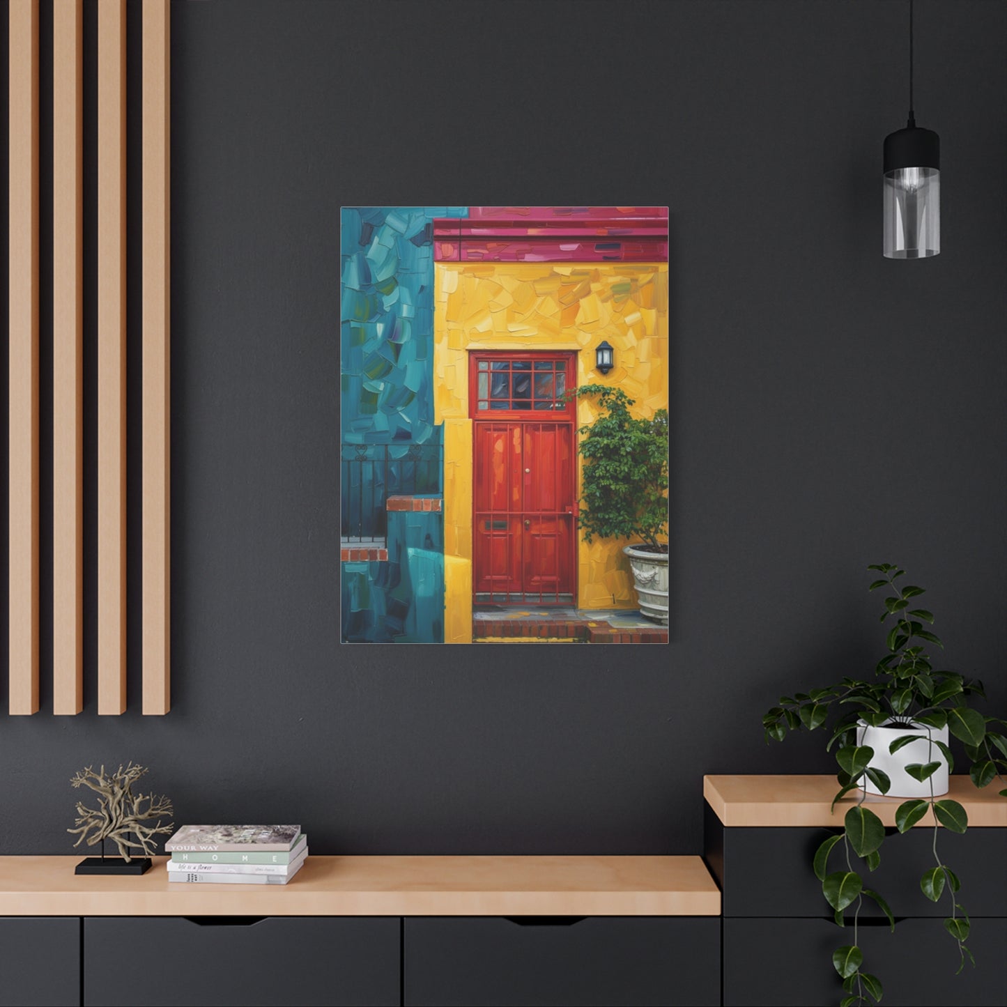 Colorful Doorway Canvas Wall Art — Vibrant Yellow & Teal Street Scene, Matte Stretched Print