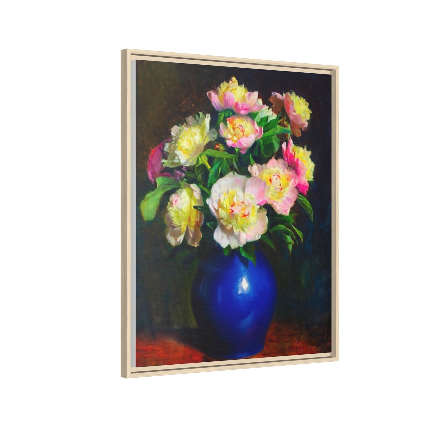 Framed Matte Canvas Wall Art — Vintage Floral Bouquet in Blue Vase
