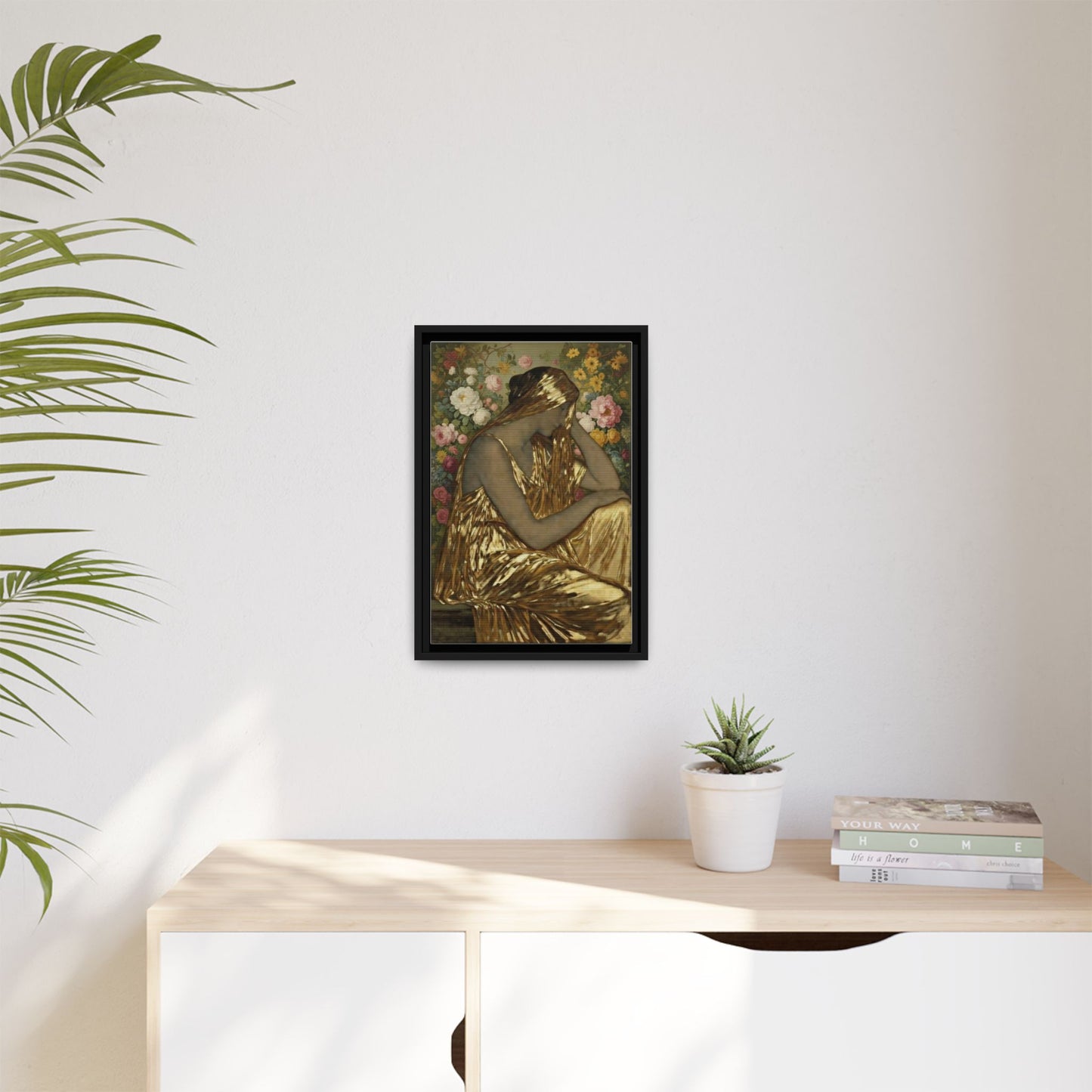 Framed Canvas Art Print — Golden Muse Woman with Floral Background