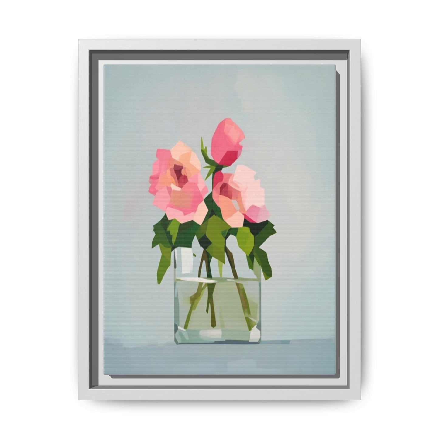 Framed Floral Canvas Print — Pink Roses in Glass Vase (Matte)