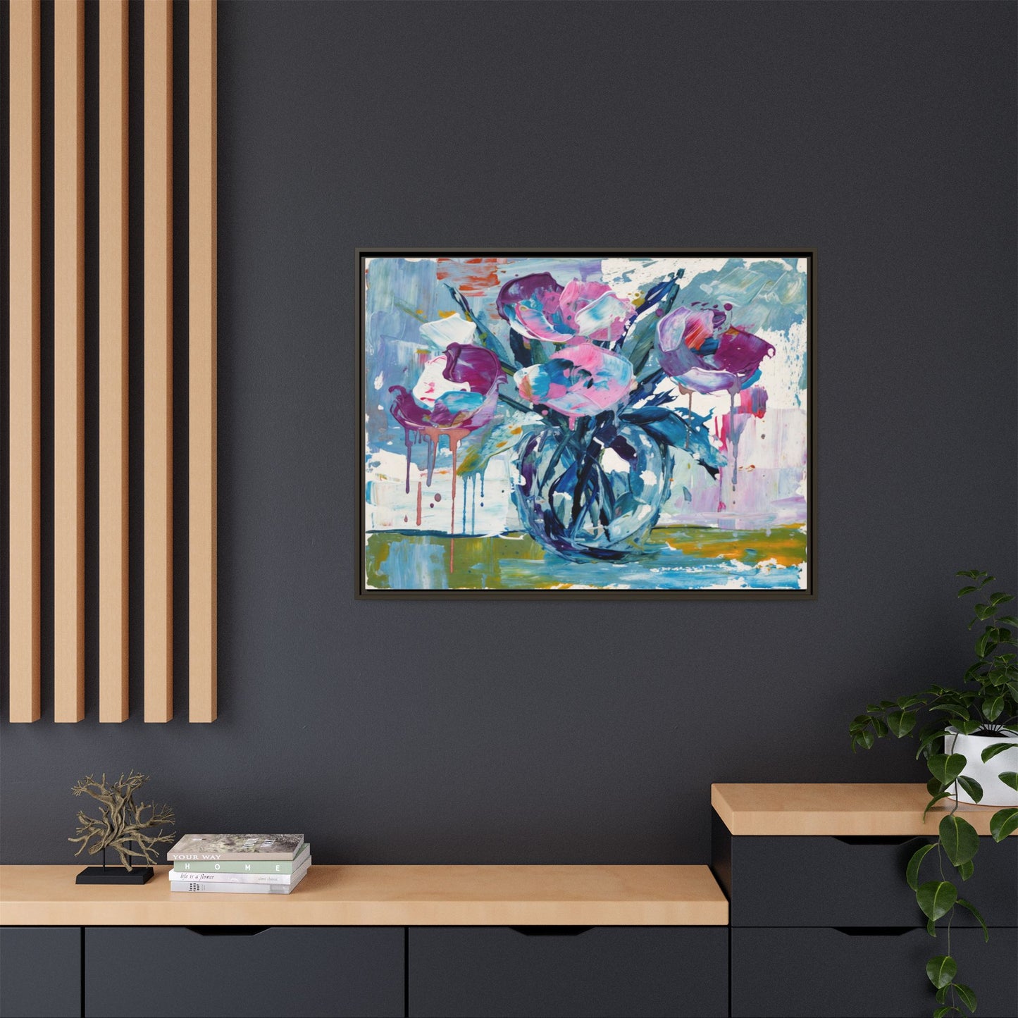 Framed Floral Canvas Art — Abstract Pink & Blue Bouquet