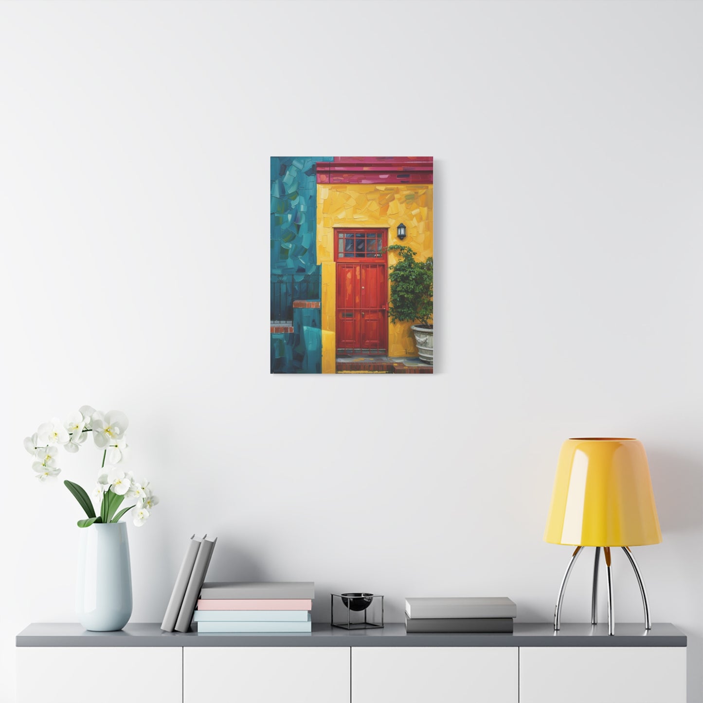 Colorful Doorway Canvas Wall Art — Vibrant Yellow & Teal Street Scene, Matte Stretched Print