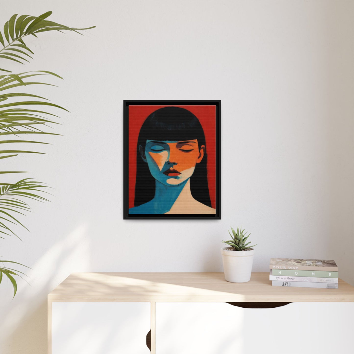 Framed Matte Canvas Art – Minimalist Portrait in Red & Teal