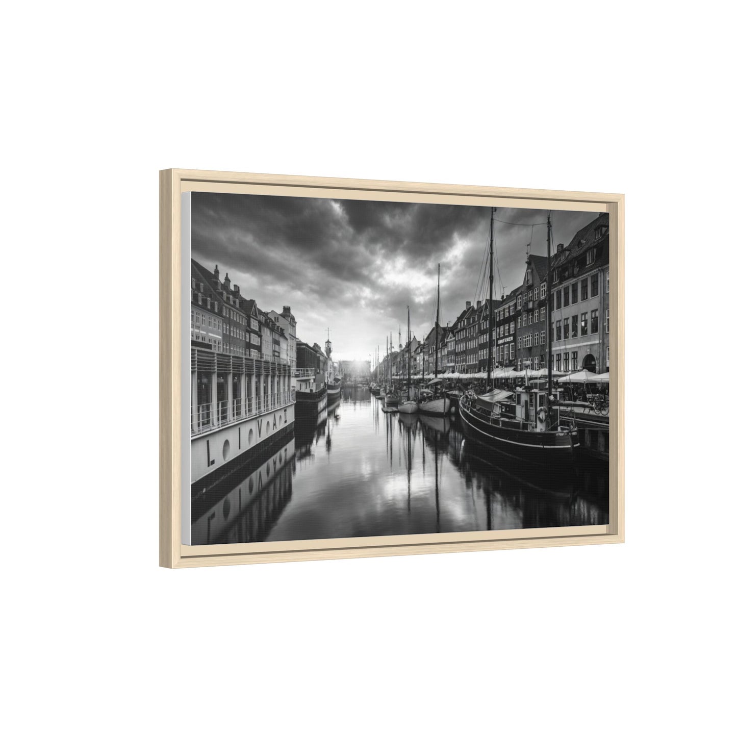 Framed Matte Canvas: Black & White Dutch Canal Photography Wall Art