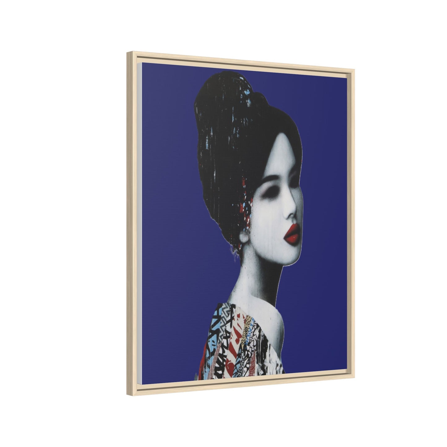Framed Matte Canvas Art — Elegant Geisha Portrait on Deep Blue