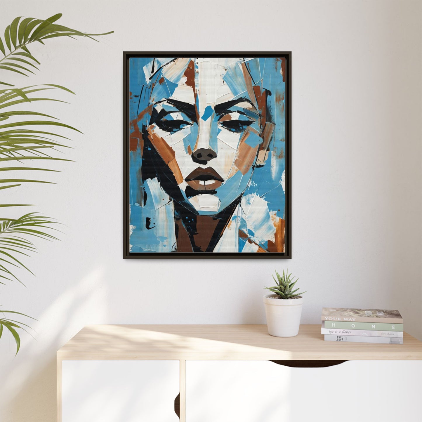 Abstract Blue Face Matte Canvas Wall Art — Framed Modern Portrait Print