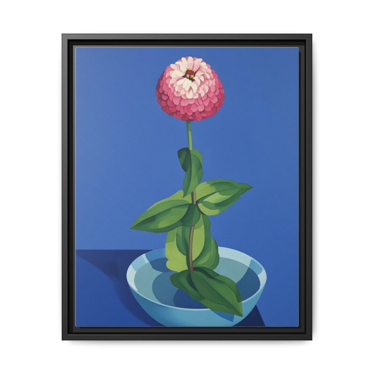 Framed Matte Canvas Art — Pink Zinnia in Blue Bowl (Botanical Still Life)