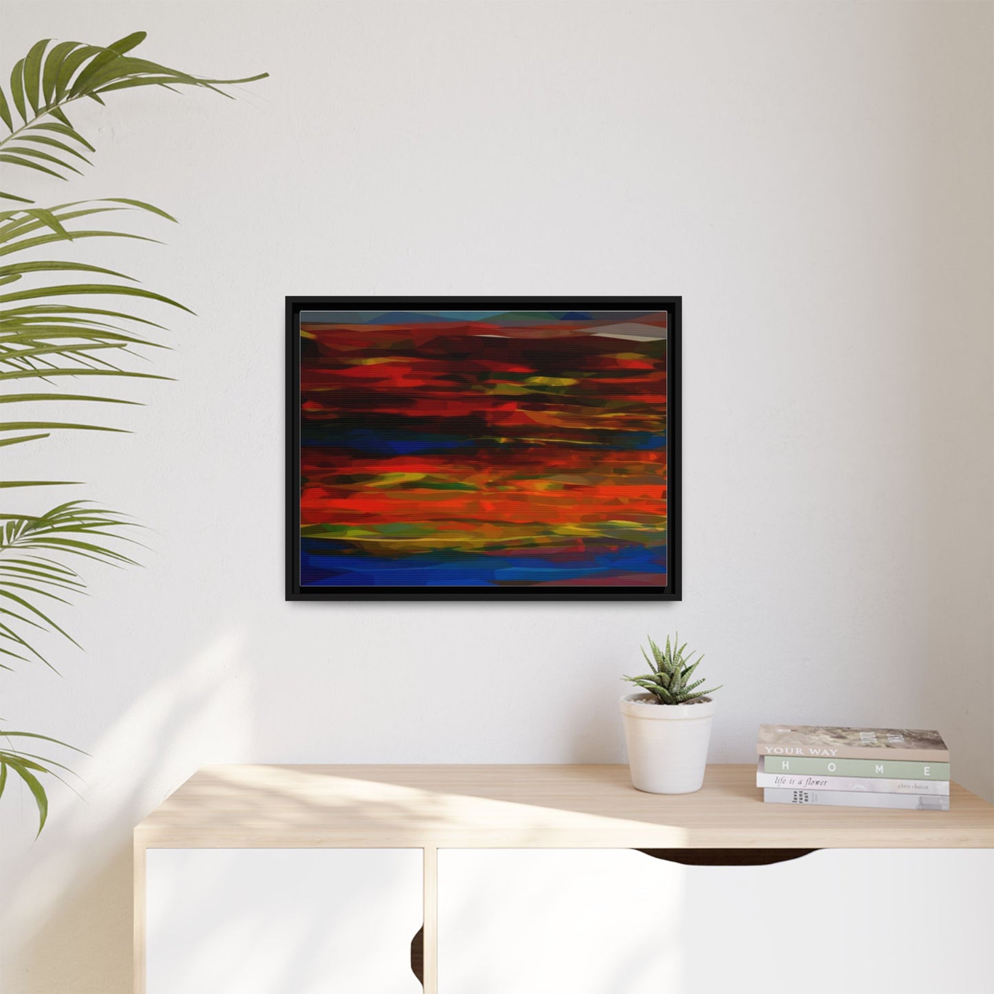 Abstract Multi-Color Matte Canvas Framed Wall Art — Bold Red & Blue Modern Painting