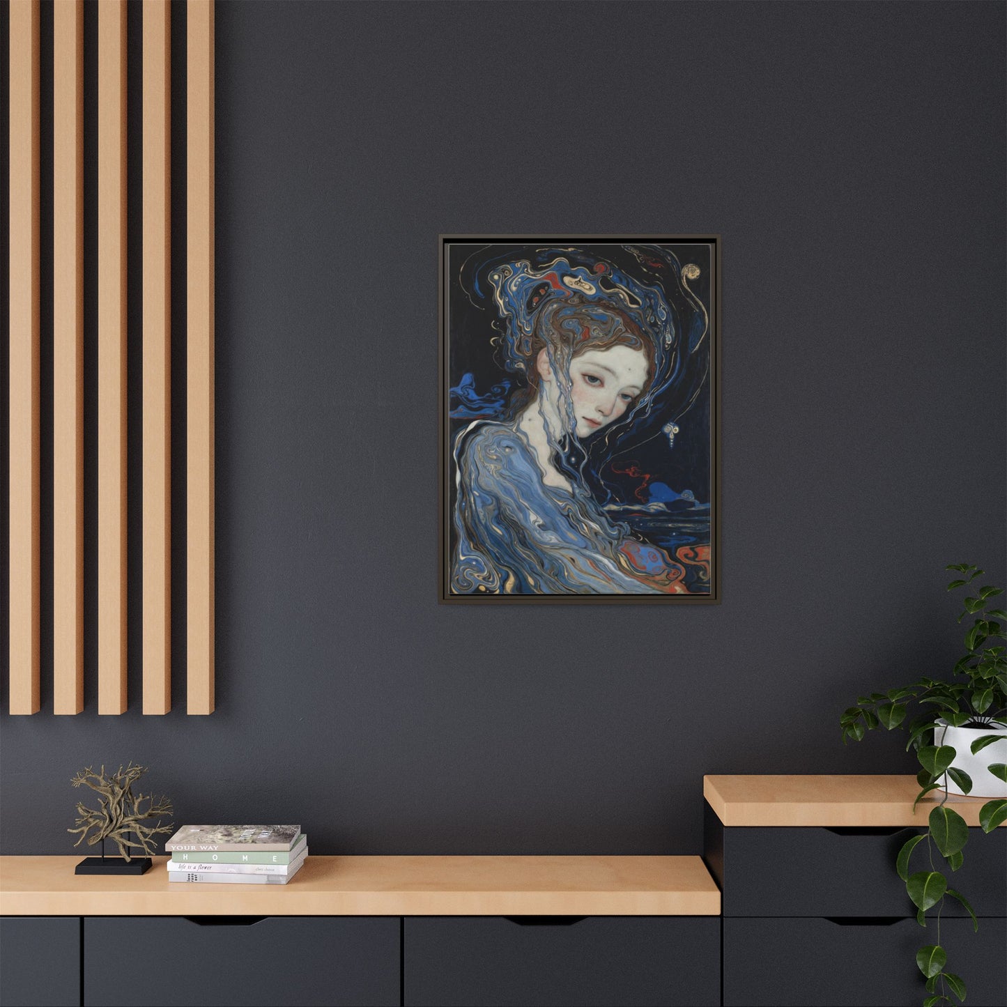Framed Matte Canvas Art Print — Surreal Blue Maiden Portrait