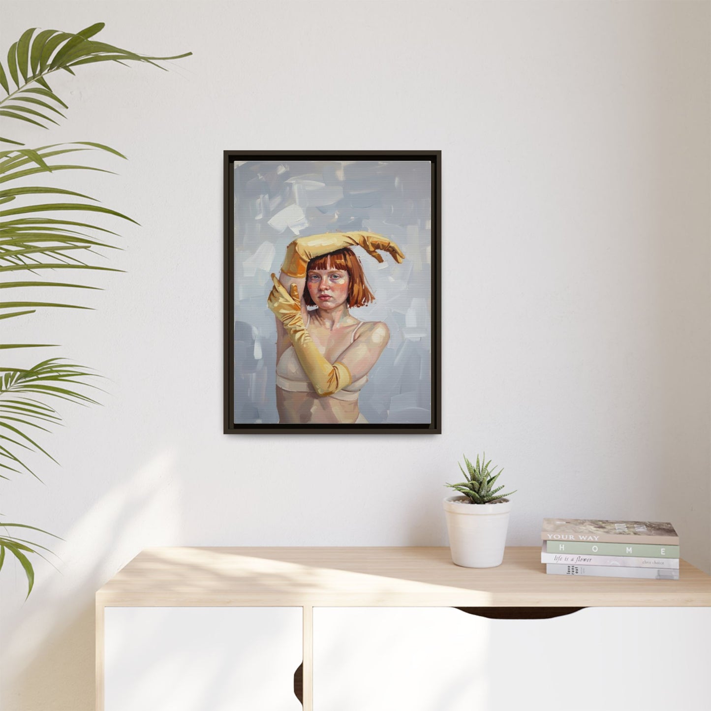 Contemporary Portrait Canvas Print — Woman with Yellow Gloves (Framed Matte)