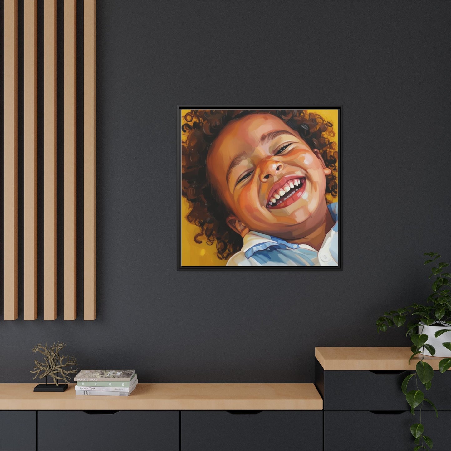 Framed Matte Canvas Print – Joyful Child Portrait, Colorful Nursery Wall Art