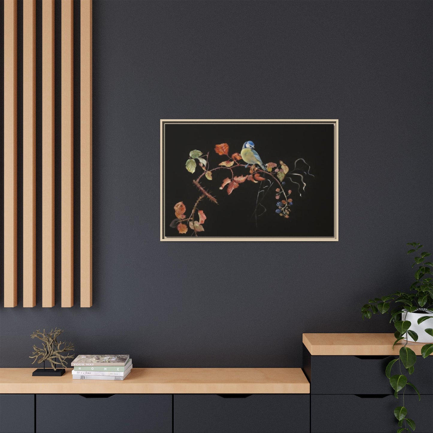 Framed Matte Canvas - Blue Tit on Autumn Branch Wall Art