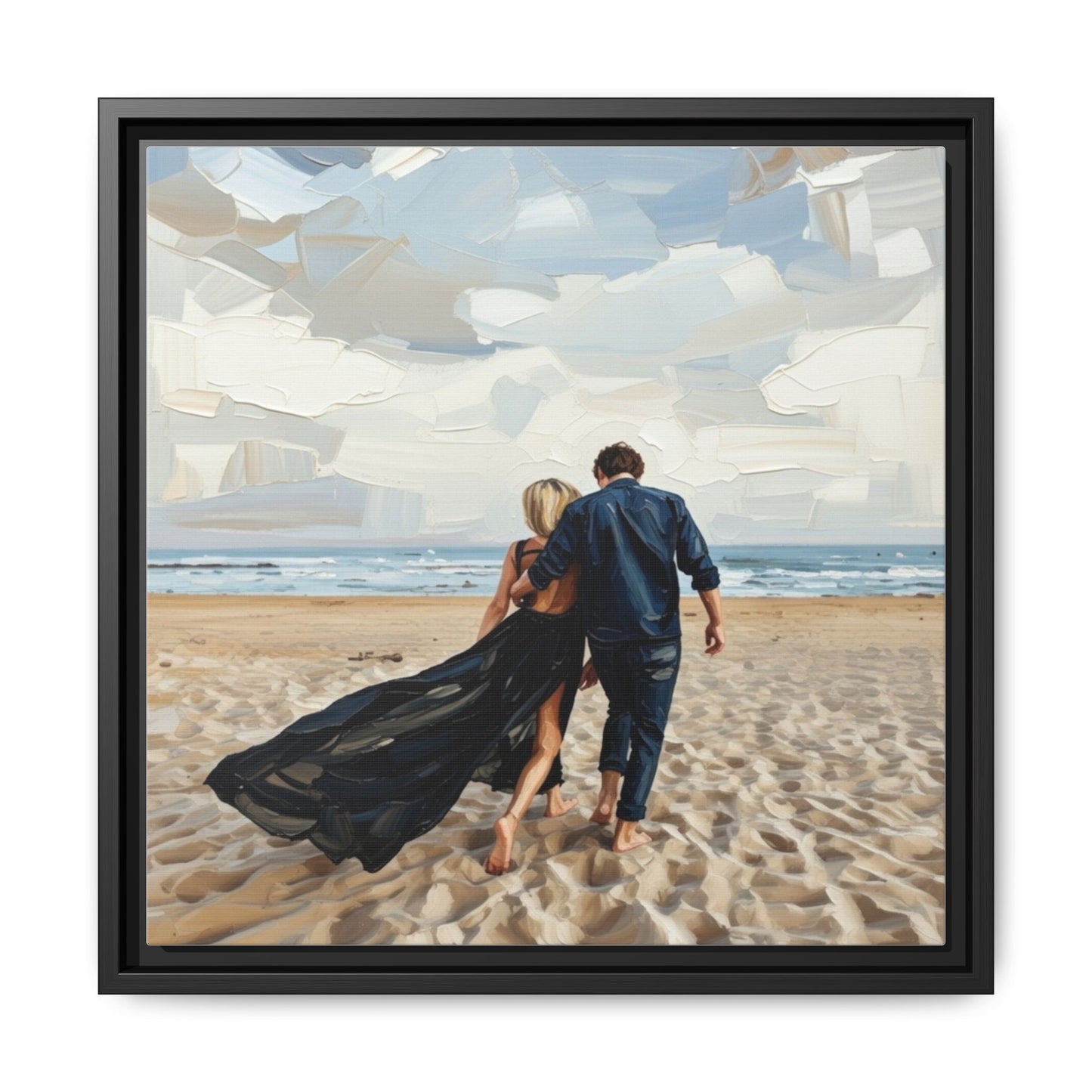 Framed Canvas Wall Art — Romantic Couple Walking on Beach Print