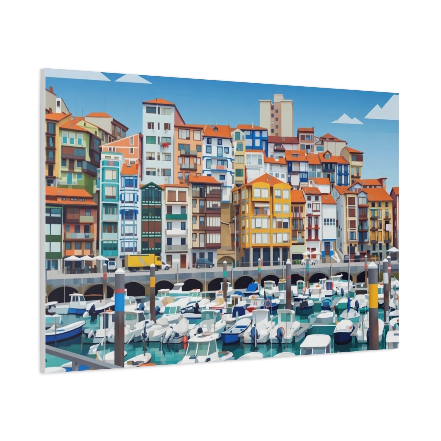 Colorful Coastal Harbor Matte Canvas Print — Stretched Wall Art