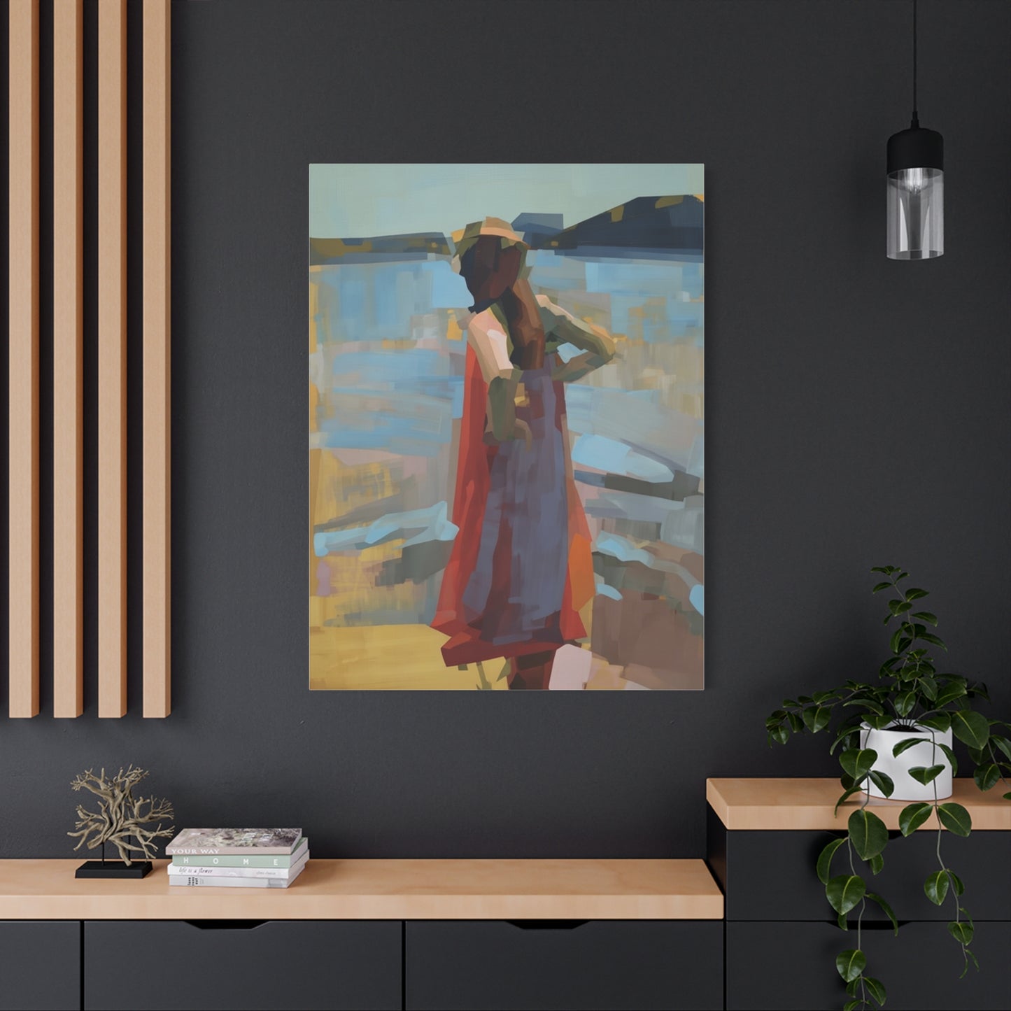 Coastal Stroll Matte Canvas Print — Abstract Woman in Red Dress, Stretched 1.25"
