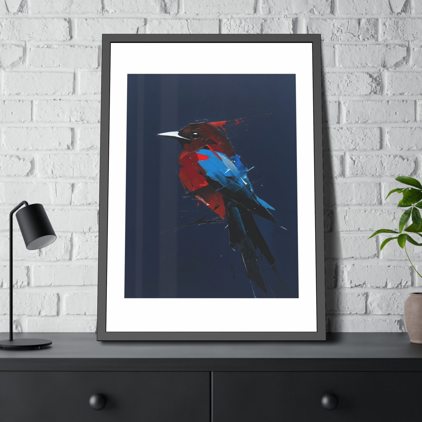 Framed Bird Art Print — Modern Red & Blue Kingfisher Poster