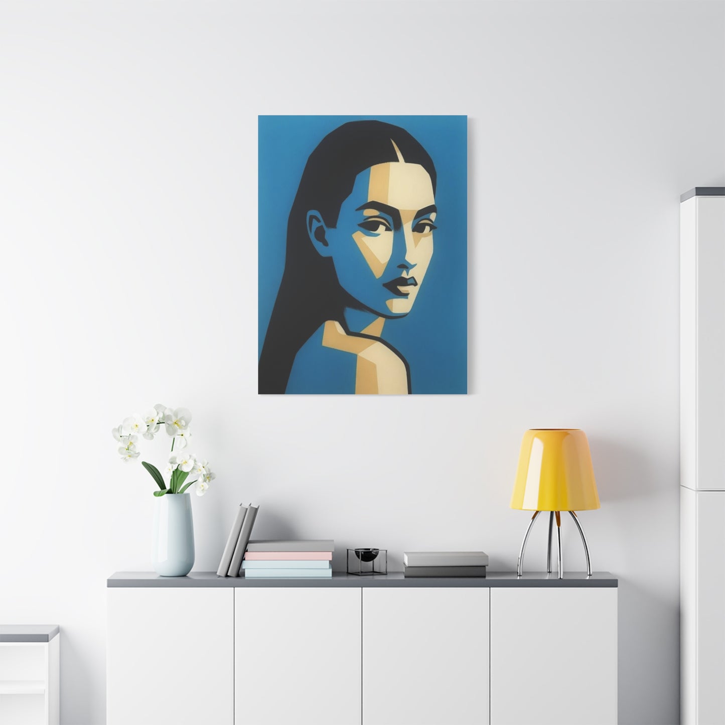 Blue Geometric Portrait Canvas - Modern Stretched Wall Art