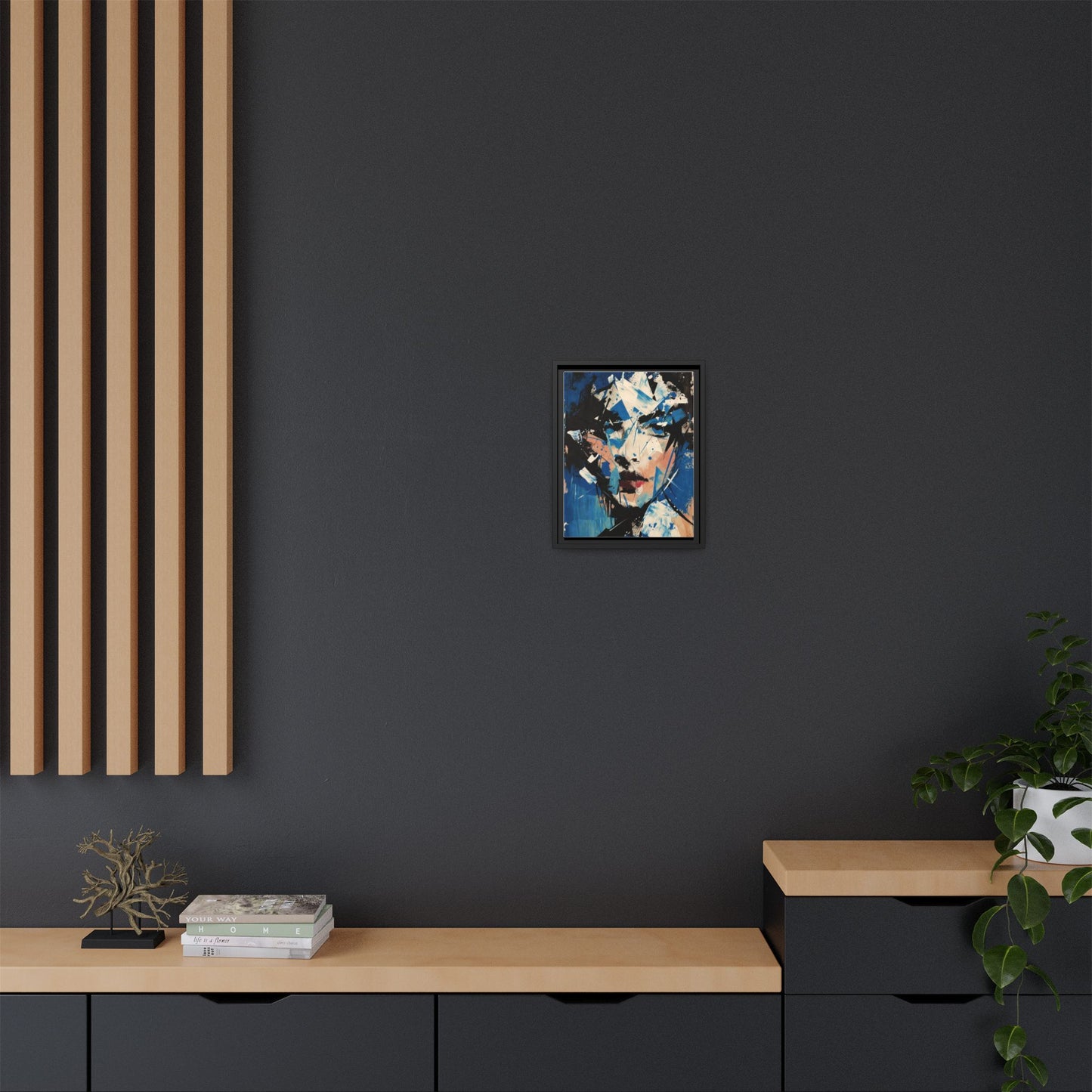 Abstract Portrait Matte Canvas Framed Wall Art — Blue Mixed-Media Face Print