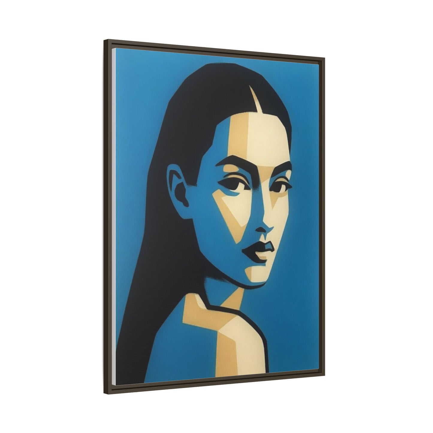 Framed Pop Art Portrait Canvas — Blue Geometric Woman Print