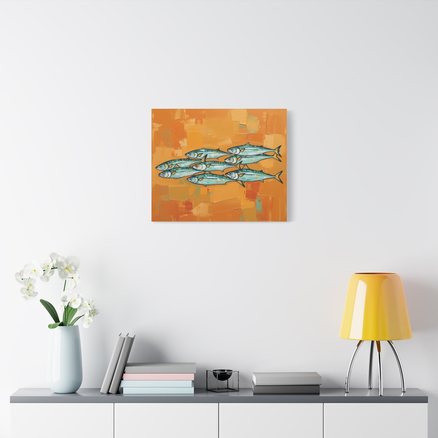 School of Mackerel Canvas Wall Art — Nautical Fish Painting on Orange Background