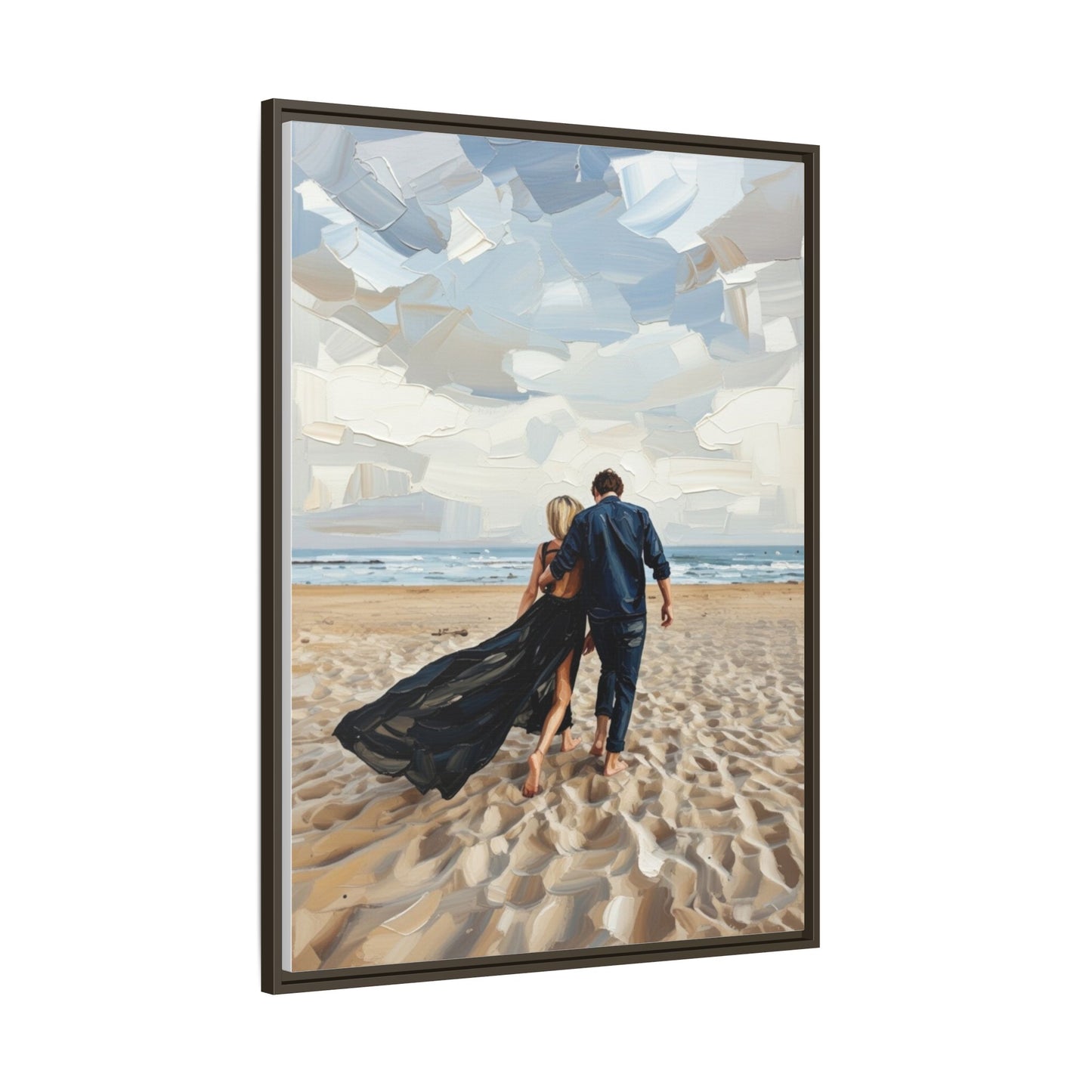 Framed Canvas Wall Art — Romantic Couple Walking on Beach Print