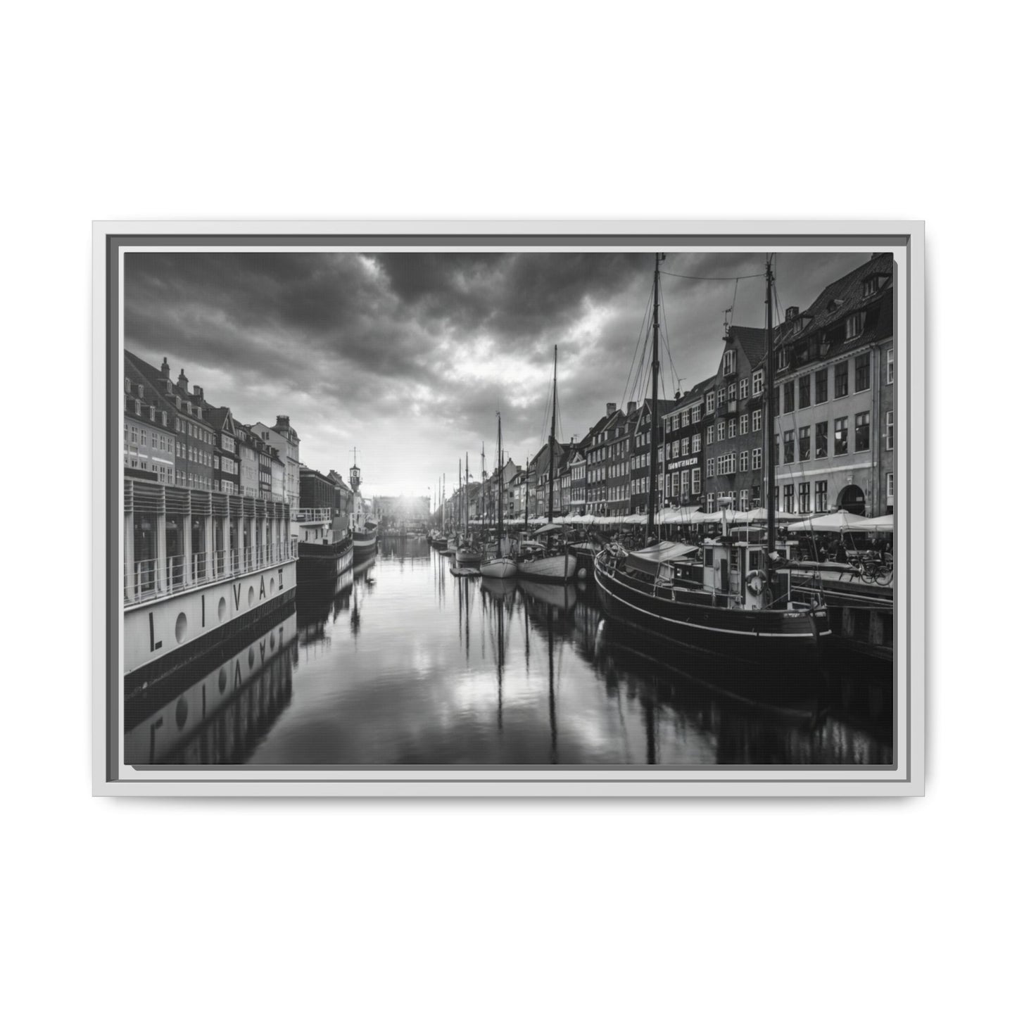 Framed Matte Canvas: Black & White Dutch Canal Photography Wall Art